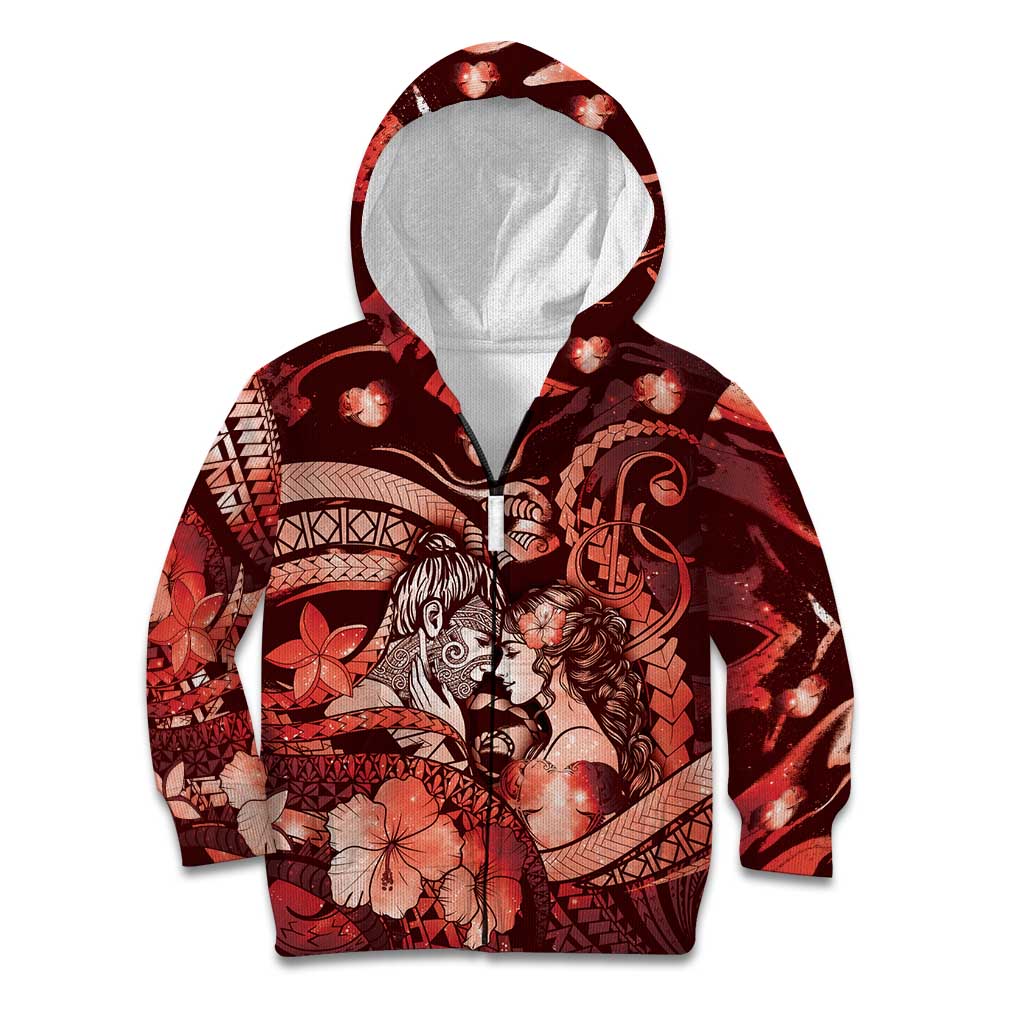 Personalised Maori Romantic Valentine Kid Hoodie The Hongi Kiss Red Galaxy