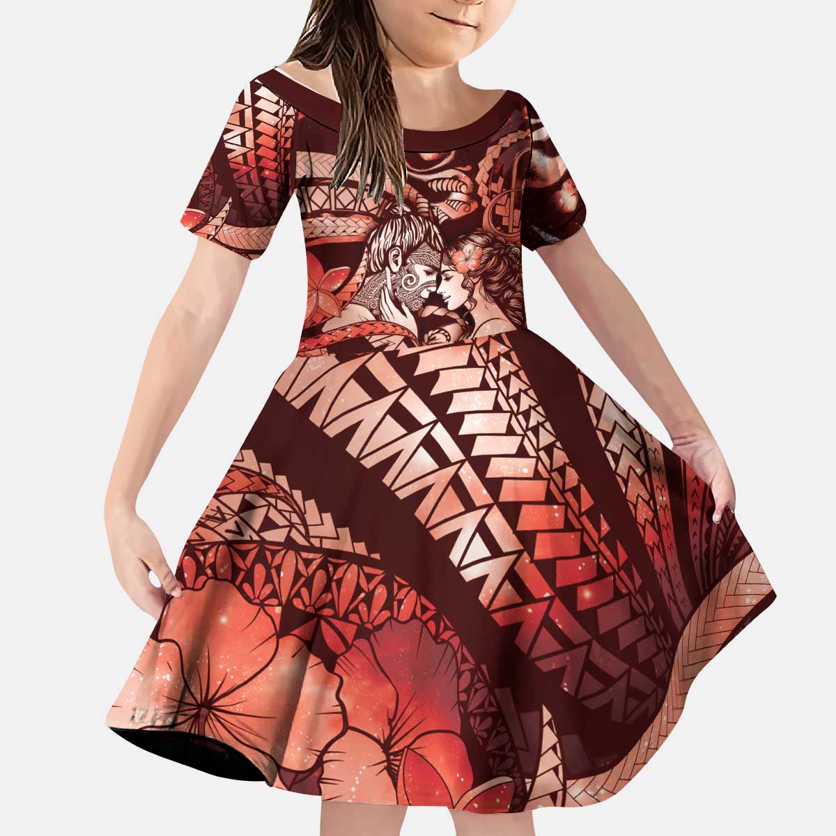 Personalised Maori Romantic Valentine Kid Short Sleeve Dress The Hongi Kiss Red Galaxy
