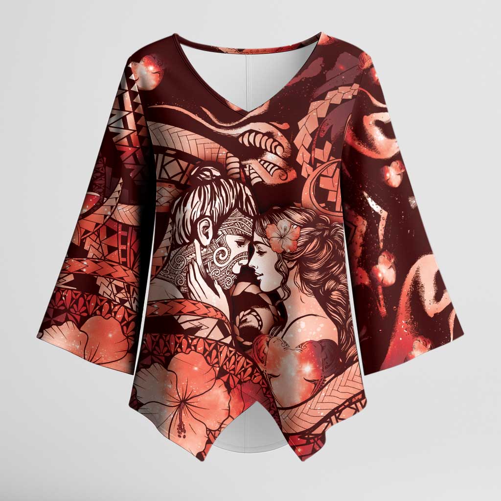 Personalised Maori Romantic Valentine Kimono Sleeve Blouse The Hongi Kiss Red Galaxy DT05 Female Red - Polynesian Pride