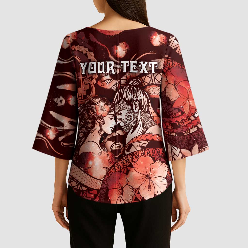 Personalised Maori Romantic Valentine Kimono Sleeve Blouse The Hongi Kiss Red Galaxy DT05 - Polynesian Pride
