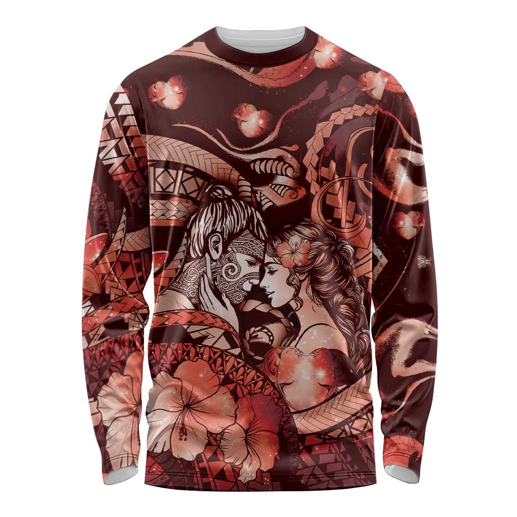 Personalised Maori Romantic Valentine Long Sleeve Shirt The Hongi Kiss Red Galaxy DT05 Unisex Red - Polynesian Pride