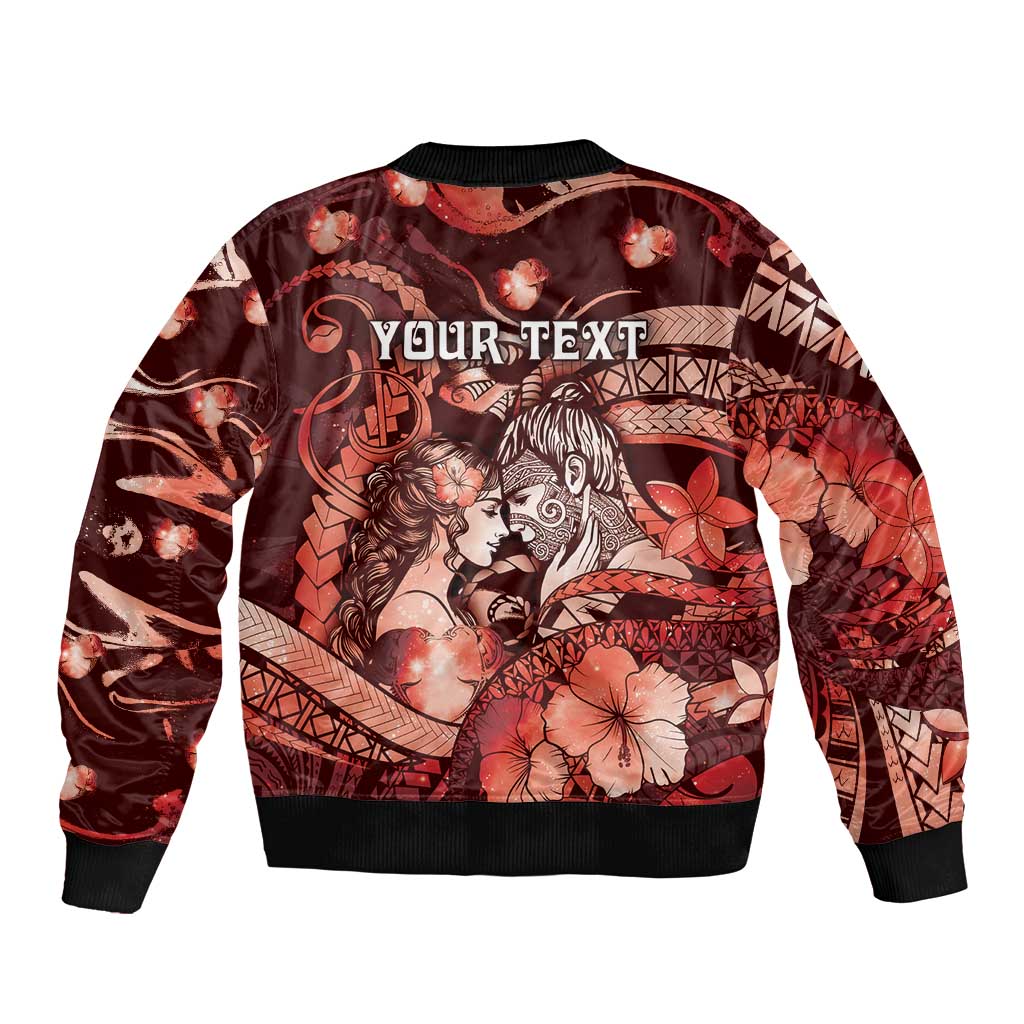 Personalised Maori Romantic Valentine Sleeve Zip Bomber Jacket The Hongi Kiss Red Galaxy DT05 - Polynesian Pride