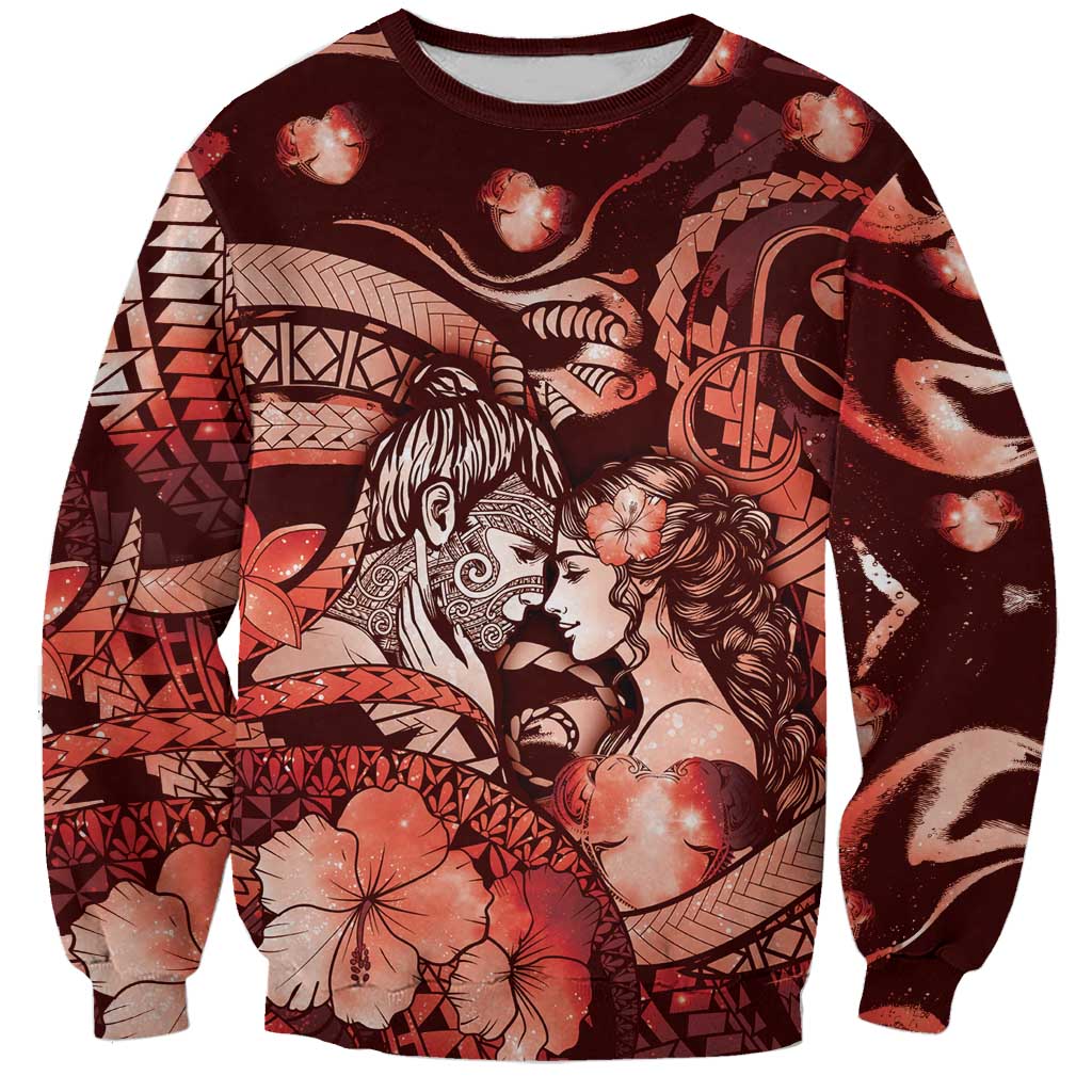 Personalised Maori Romantic Valentine Sweatshirt The Hongi Kiss Red Galaxy