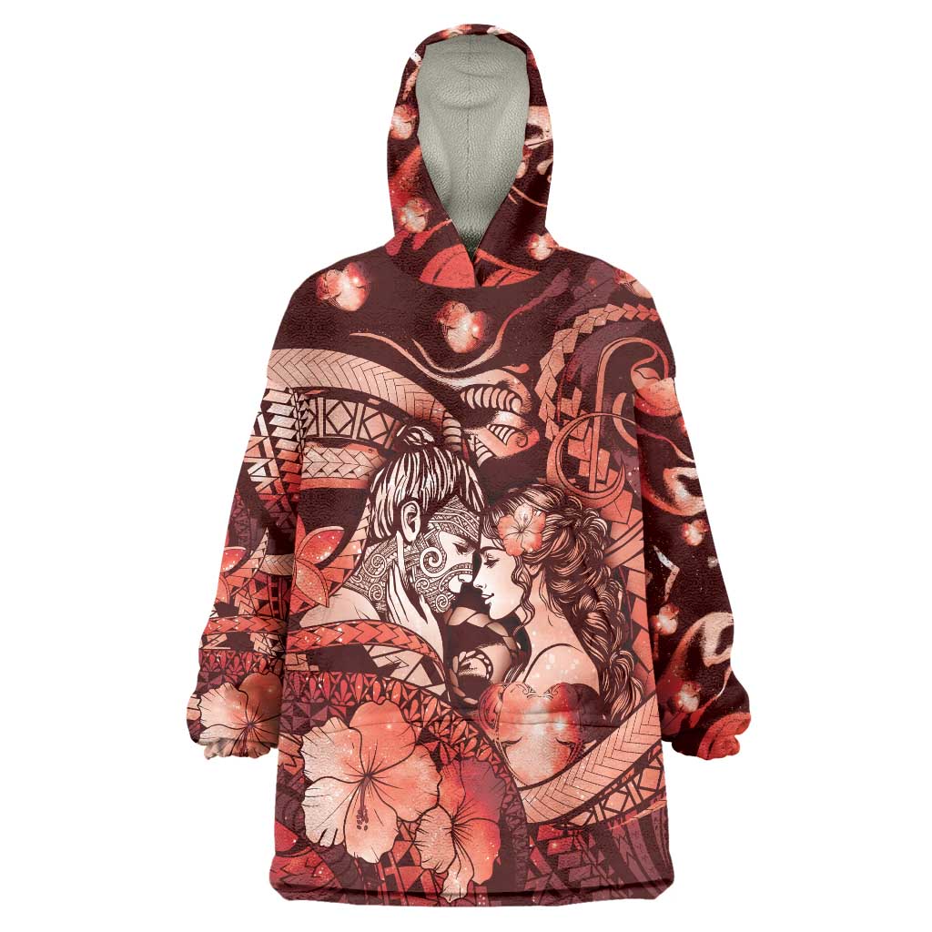 Personalised Maori Romantic Valentine Wearable Blanket Hoodie The Hongi Kiss Red Galaxy
