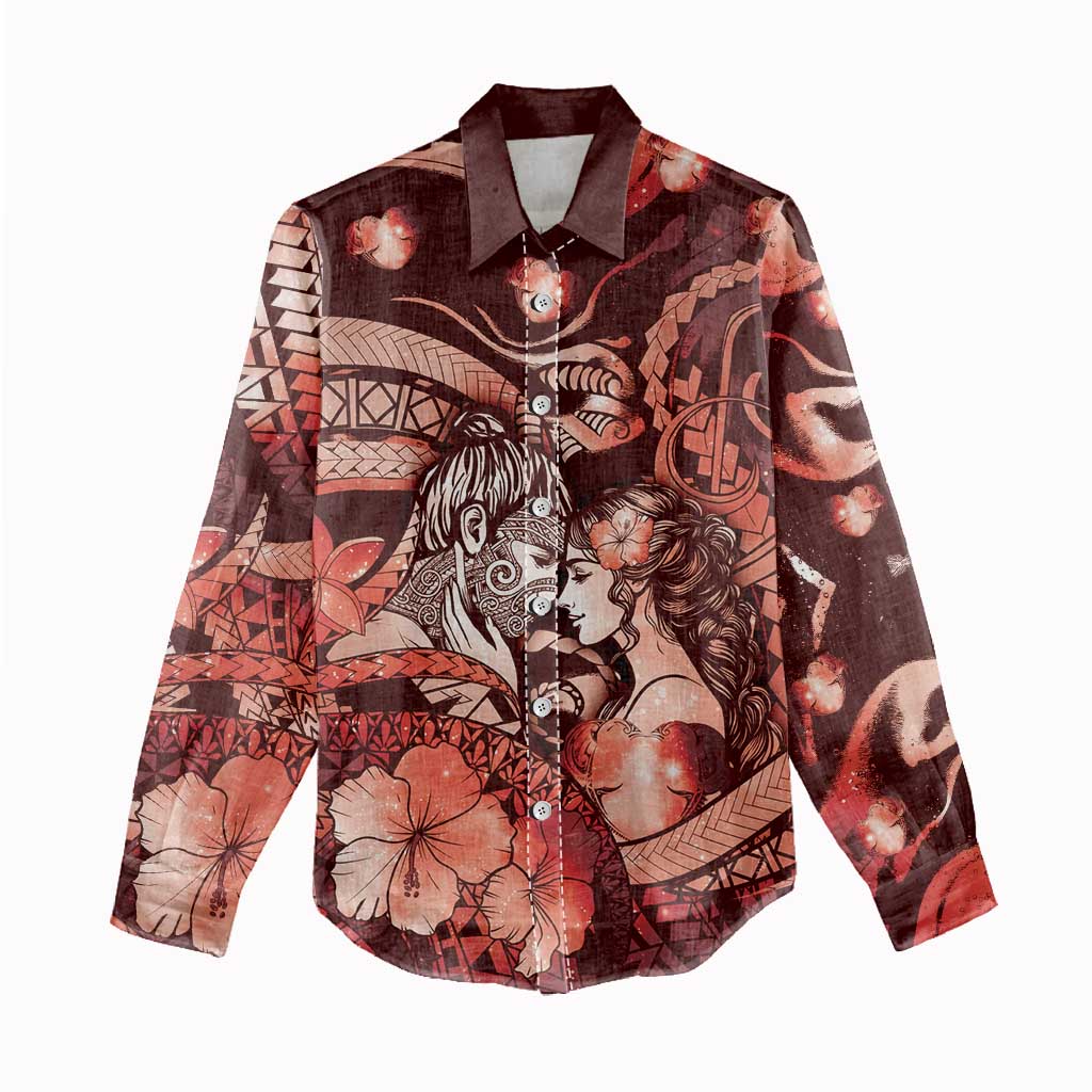 Personalised Maori Romantic Valentine Women Casual Shirt The Hongi Kiss Red Galaxy