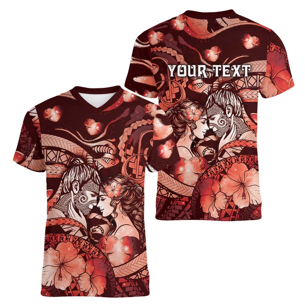 Personalised Maori Romantic Valentine Women V-Neck T-Shirt The Hongi Kiss Red Galaxy