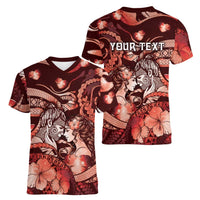 Personalised Maori Romantic Valentine Women V-Neck T-Shirt The Hongi Kiss Red Galaxy