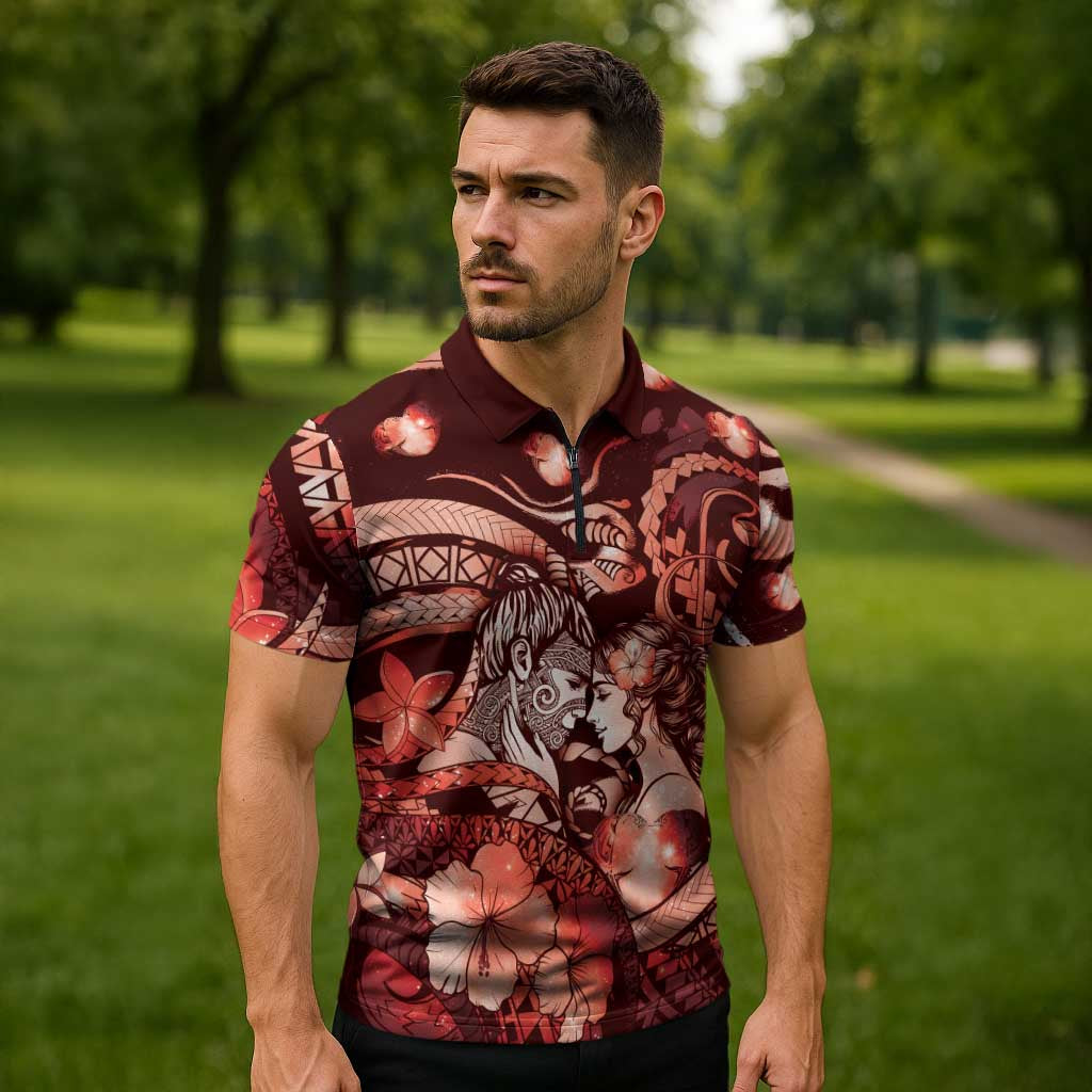 Personalised Maori Romantic Valentine Zipper Polo Shirt The Hongi Kiss Red Galaxy