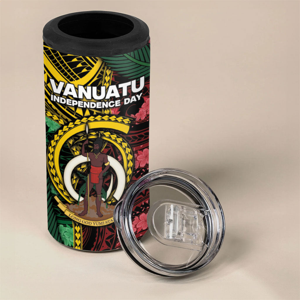Personalised Vanuatu Independence Day 4 in 1 Can Cooler Tumbler Boar Tusk Warrior Tribal Floral Patterns