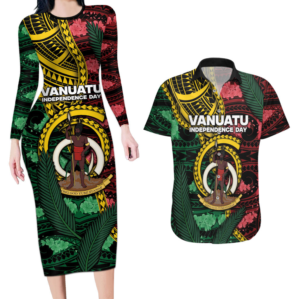 Personalised Vanuatu Independence Day Couples Matching Long Sleeve Bodycon Dress and Hawaiian Shirt Boar Tusk Warrior Tribal Floral Patterns