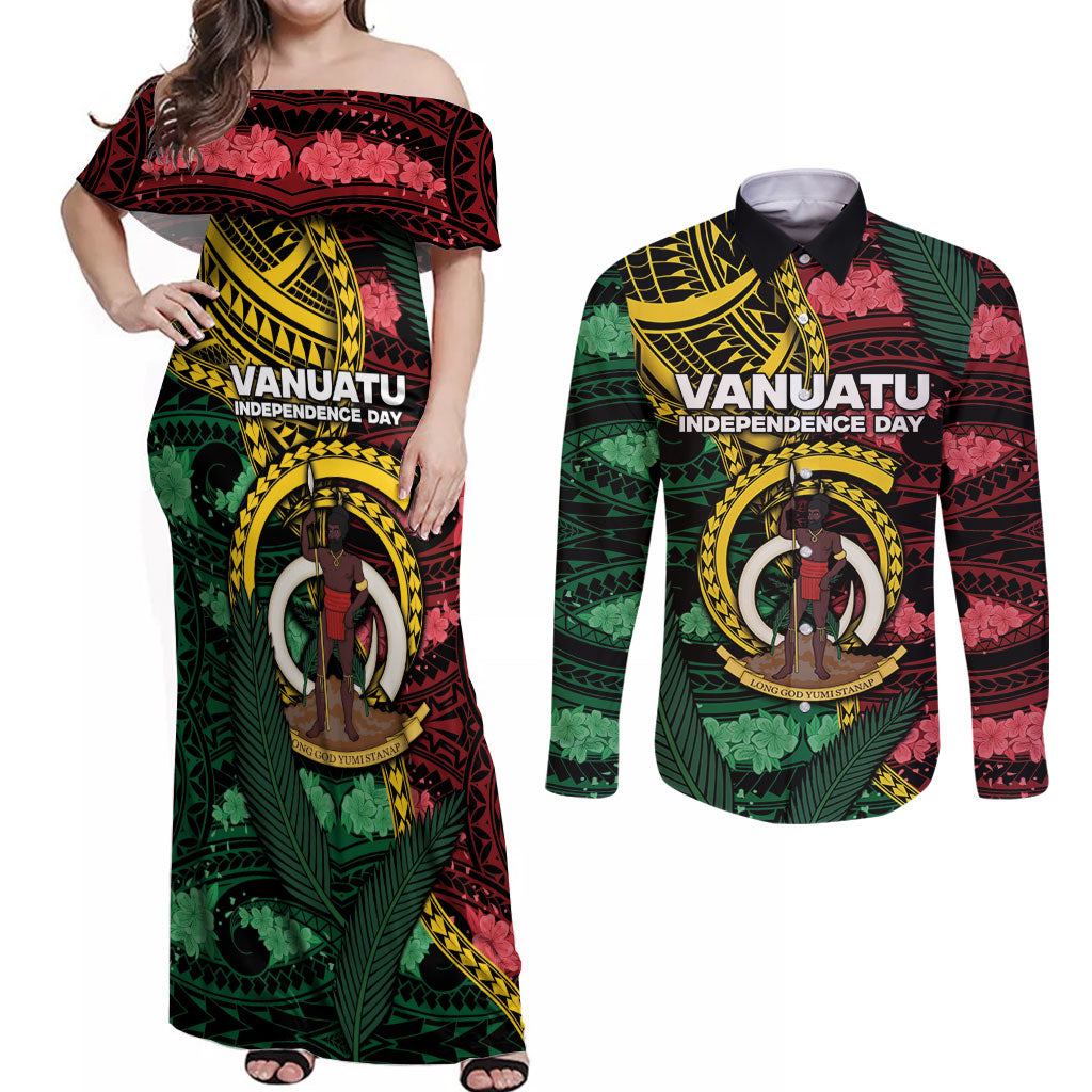 Personalised Vanuatu Independence Day Couples Matching Off Shoulder Maxi Dress and Long Sleeve Button Shirt Boar Tusk Warrior Tribal Floral Patterns