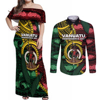 Personalised Vanuatu Independence Day Couples Matching Off Shoulder Maxi Dress and Long Sleeve Button Shirt Boar Tusk Warrior Tribal Floral Patterns