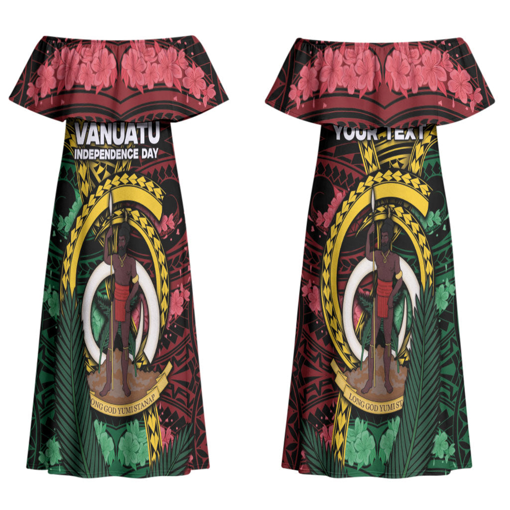 Personalised Vanuatu Independence Day Couples Matching Off Shoulder Maxi Dress and Long Sleeve Button Shirt Boar Tusk Warrior Tribal Floral Patterns DT05 - Polynesian Pride