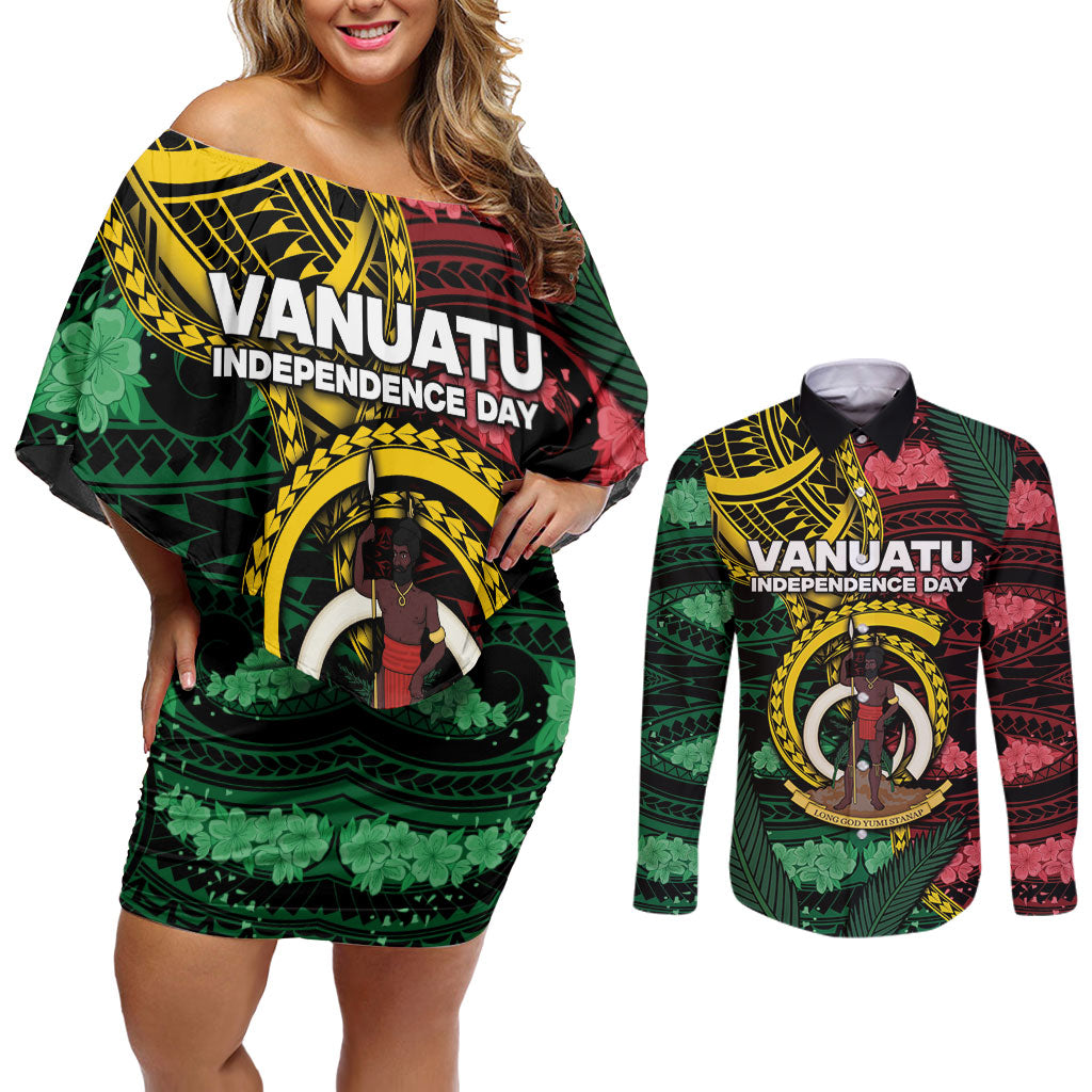 Personalised Vanuatu Independence Day Couples Matching Off Shoulder Short Dress and Long Sleeve Button Shirt Boar Tusk Warrior Tribal Floral Patterns