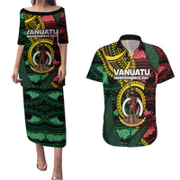 Personalised Vanuatu Independence Day Couples Matching Puletasi and Hawaiian Shirt Boar Tusk Warrior Tribal Floral Patterns