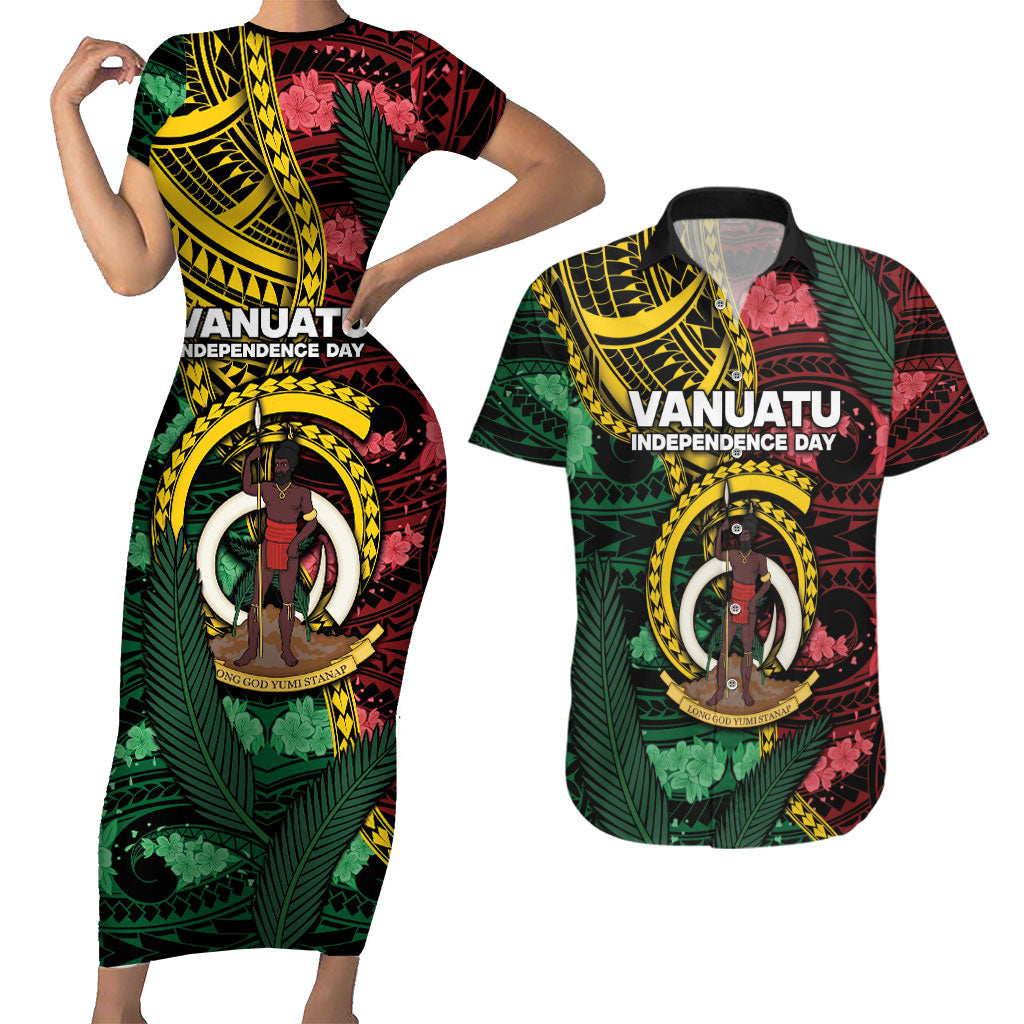 Personalised Vanuatu Independence Day Couples Matching Short Sleeve Bodycon Dress and Hawaiian Shirt Boar Tusk Warrior Tribal Floral Patterns