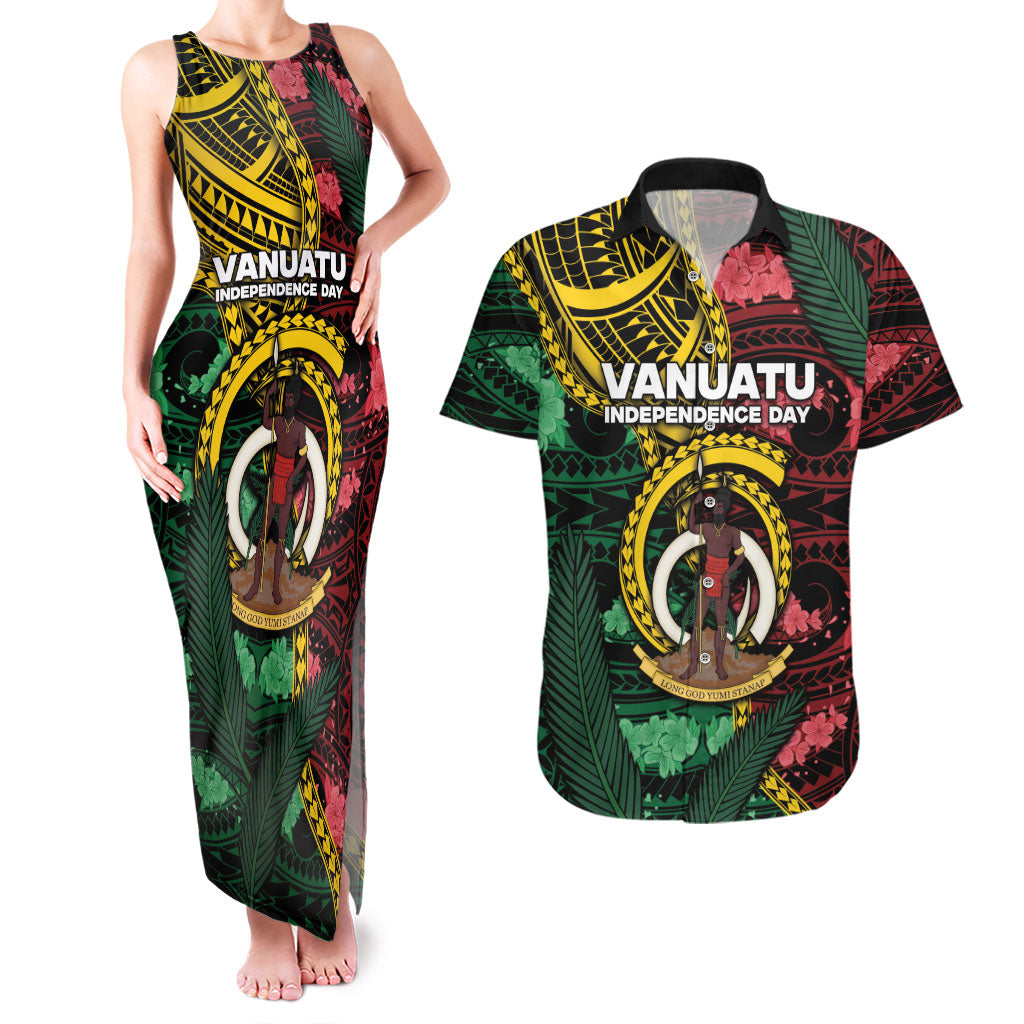 Personalised Vanuatu Independence Day Couples Matching Tank Maxi Dress and Hawaiian Shirt Boar Tusk Warrior Tribal Floral Patterns