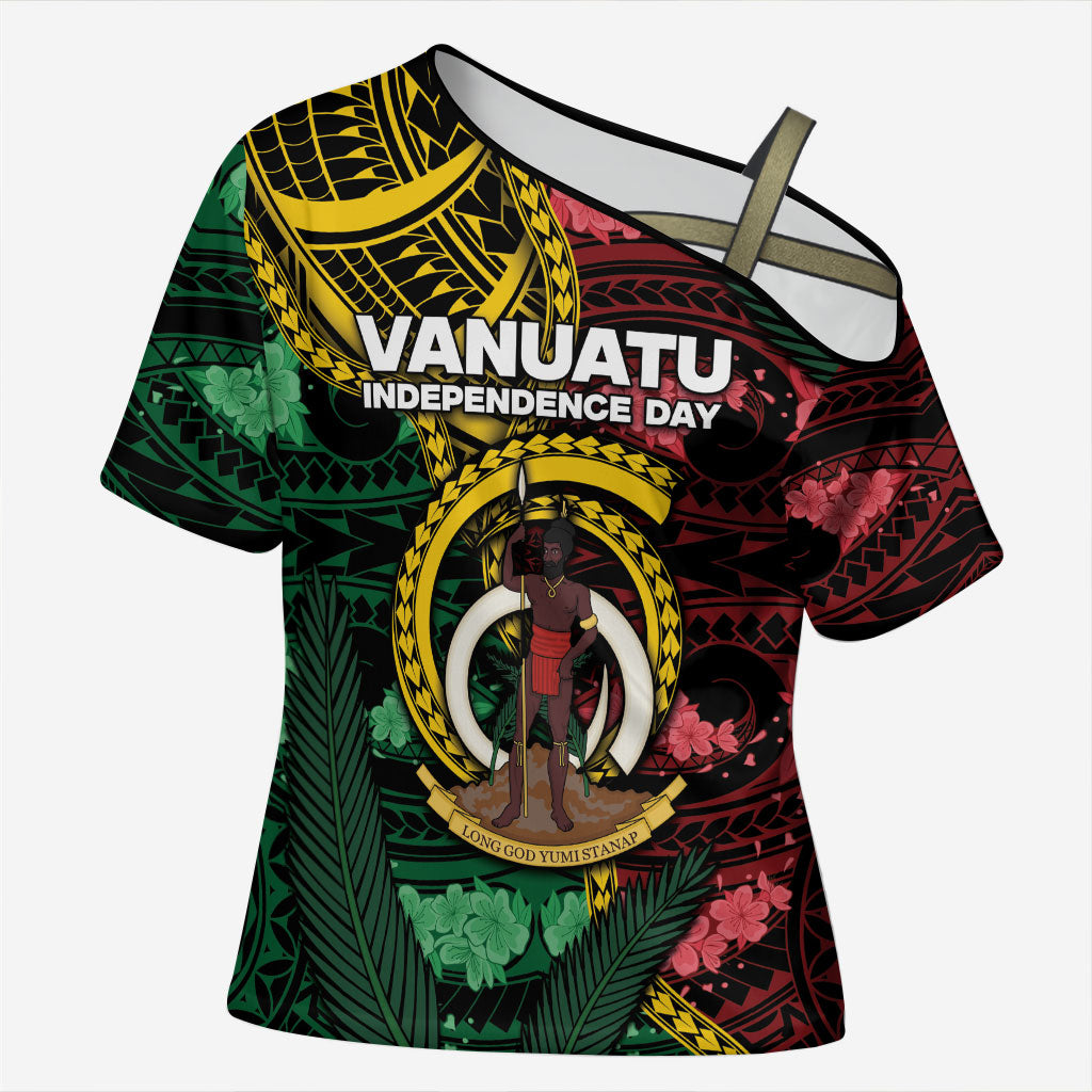 Personalised Vanuatu Independence Day Cross Shoulder Shirt Boar Tusk Warrior Tribal Floral Patterns