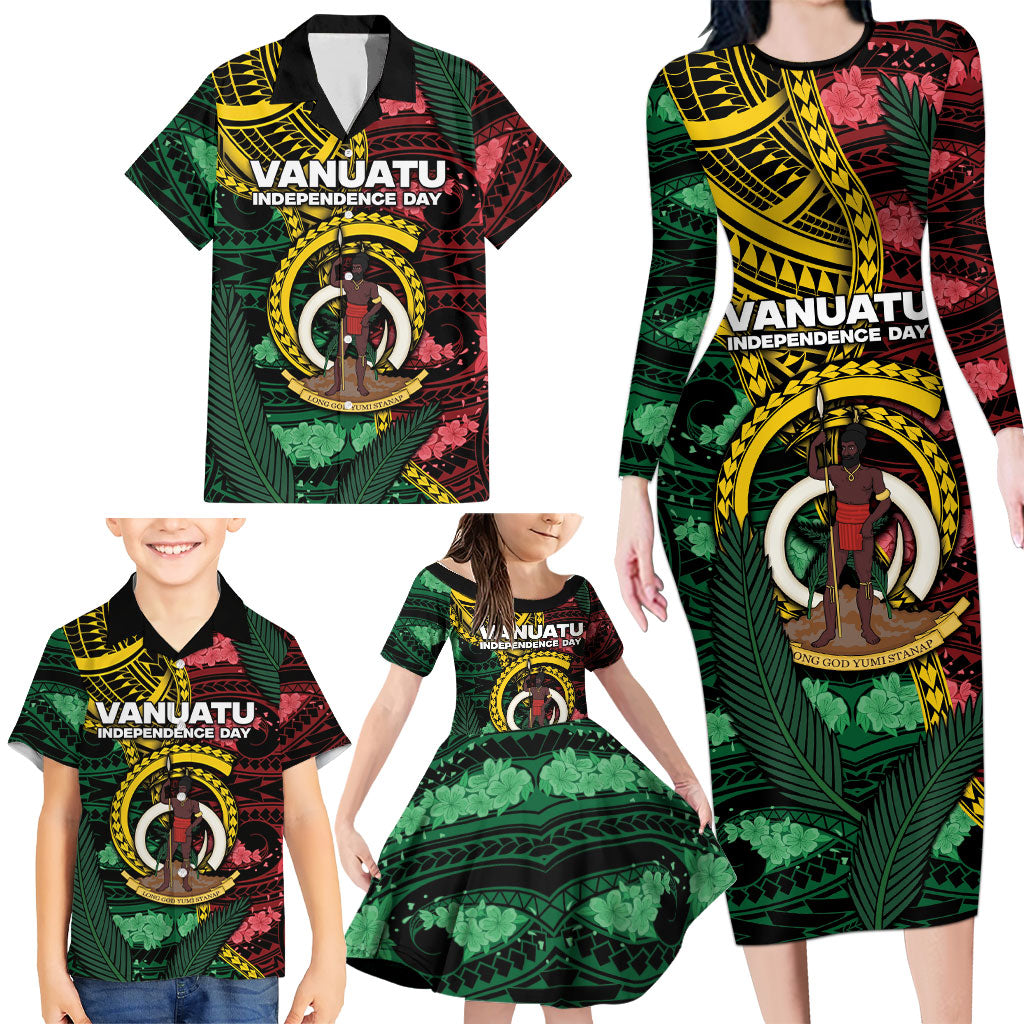 Personalised Vanuatu Independence Day Family Matching Long Sleeve Bodycon Dress and Hawaiian Shirt Boar Tusk Warrior Tribal Floral Patterns