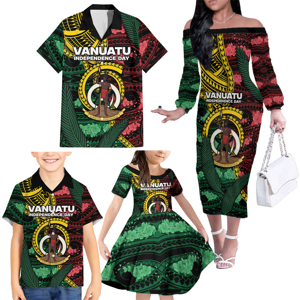 Personalised Vanuatu Independence Day Family Matching Off The Shoulder Long Sleeve Dress and Hawaiian Shirt Boar Tusk Warrior Tribal Floral Patterns
