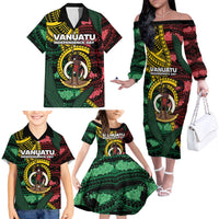 Personalised Vanuatu Independence Day Family Matching Off The Shoulder Long Sleeve Dress and Hawaiian Shirt Boar Tusk Warrior Tribal Floral Patterns