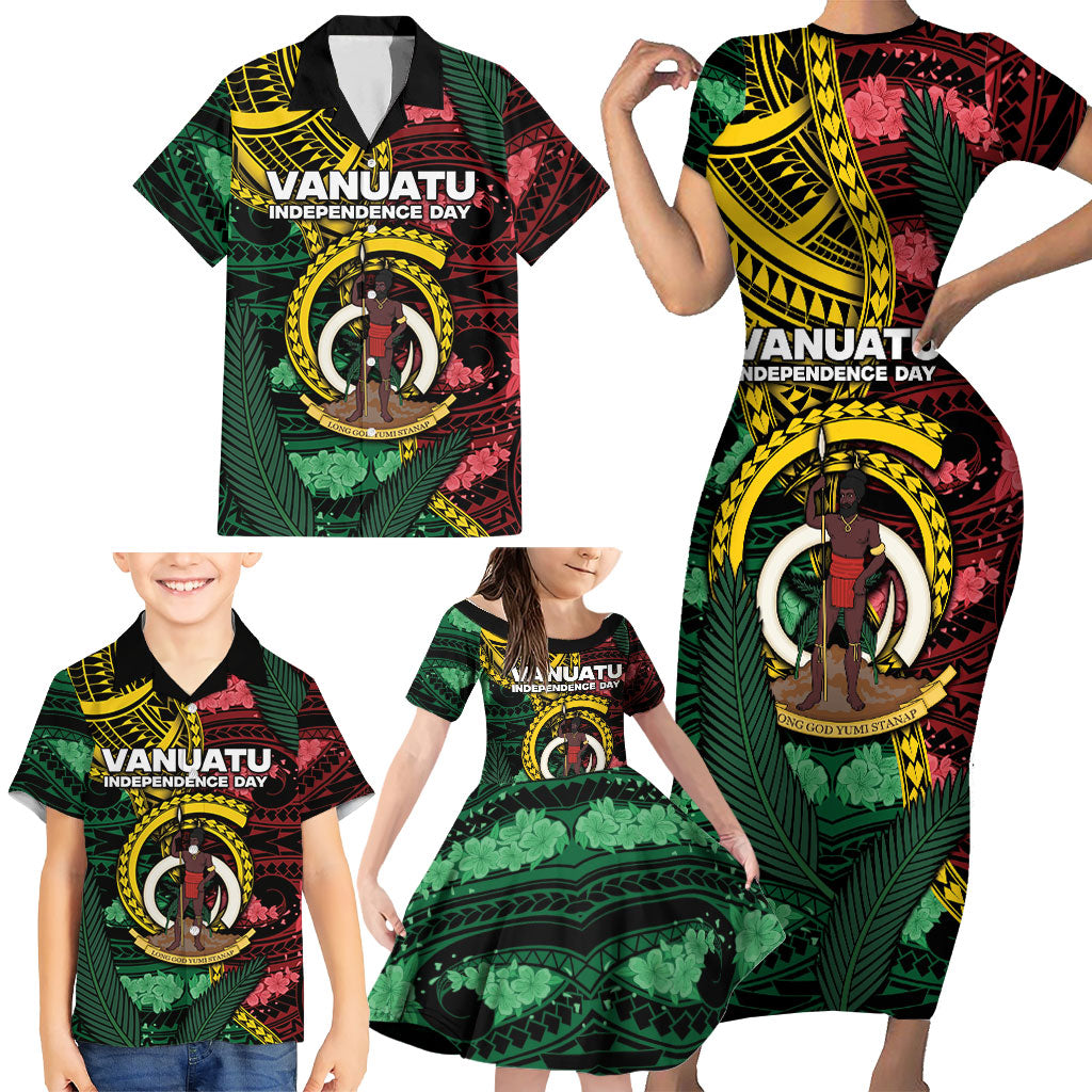 Personalised Vanuatu Independence Day Family Matching Short Sleeve Bodycon Dress and Hawaiian Shirt Boar Tusk Warrior Tribal Floral Patterns