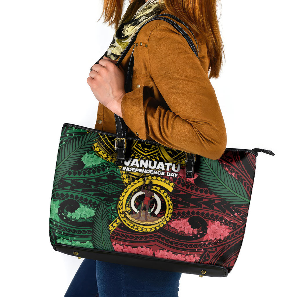 Vanuatu Independence Day Leather Tote Bag Boar Tusk Warrior Tribal Floral Patterns DT05 Multicolor - Polynesian Pride