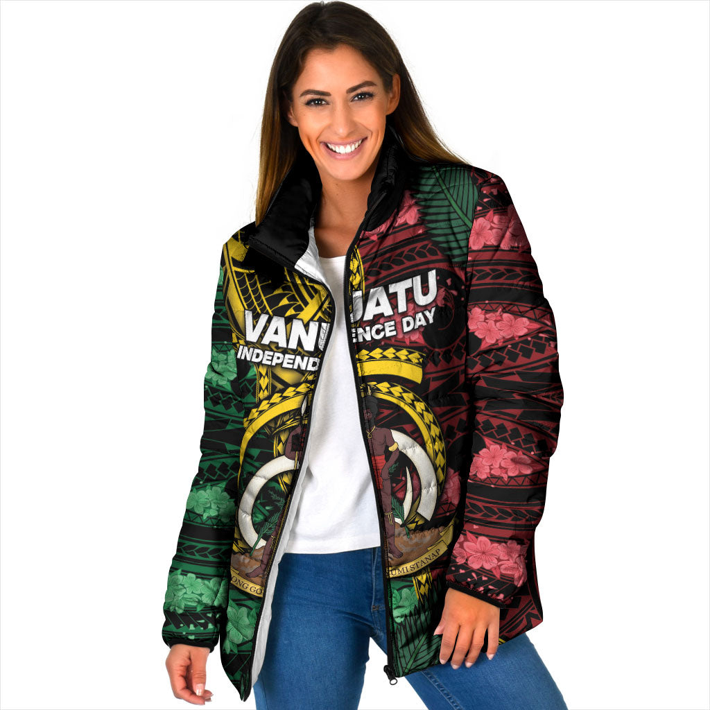 Personalised Vanuatu Independence Day Padded Jacket Boar Tusk Warrior Tribal Floral Patterns