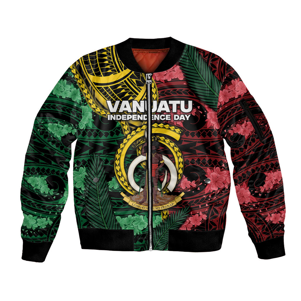 Personalised Vanuatu Independence Day Sleeve Zip Bomber Jacket Boar Tusk Warrior Tribal Floral Patterns