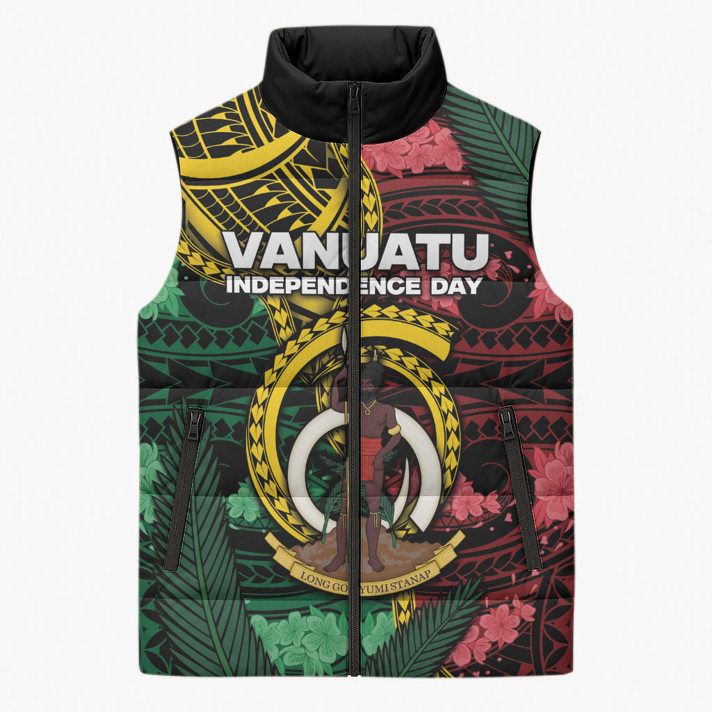 Personalised Vanuatu Independence Day Sleeveless Puffer Jacket Boar Tusk Warrior Tribal Floral Patterns