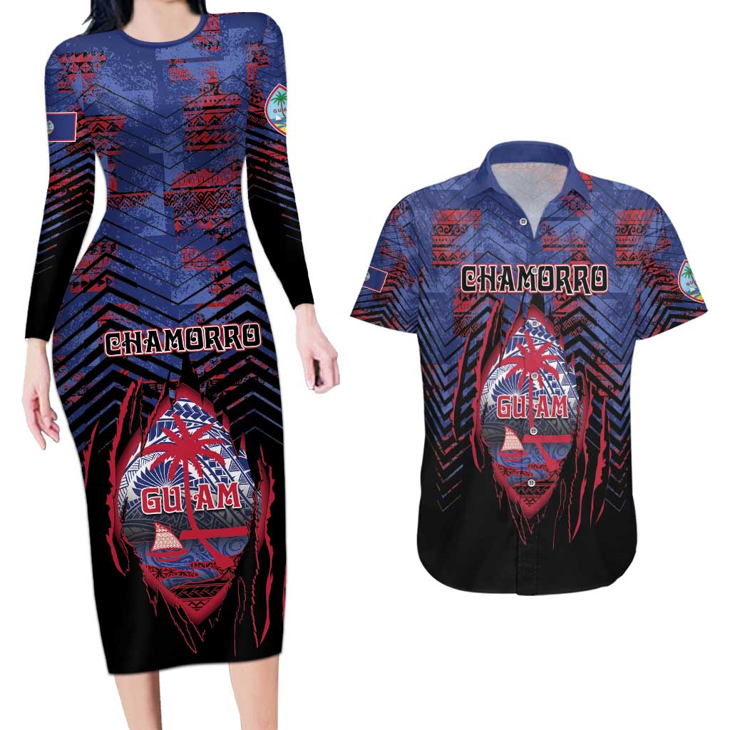 Personalised Guam Couples Matching Long Sleeve Bodycon Dress and Hawaiian Shirt Chamorro Seal Tribal Scratch Design - Polynesian Pride