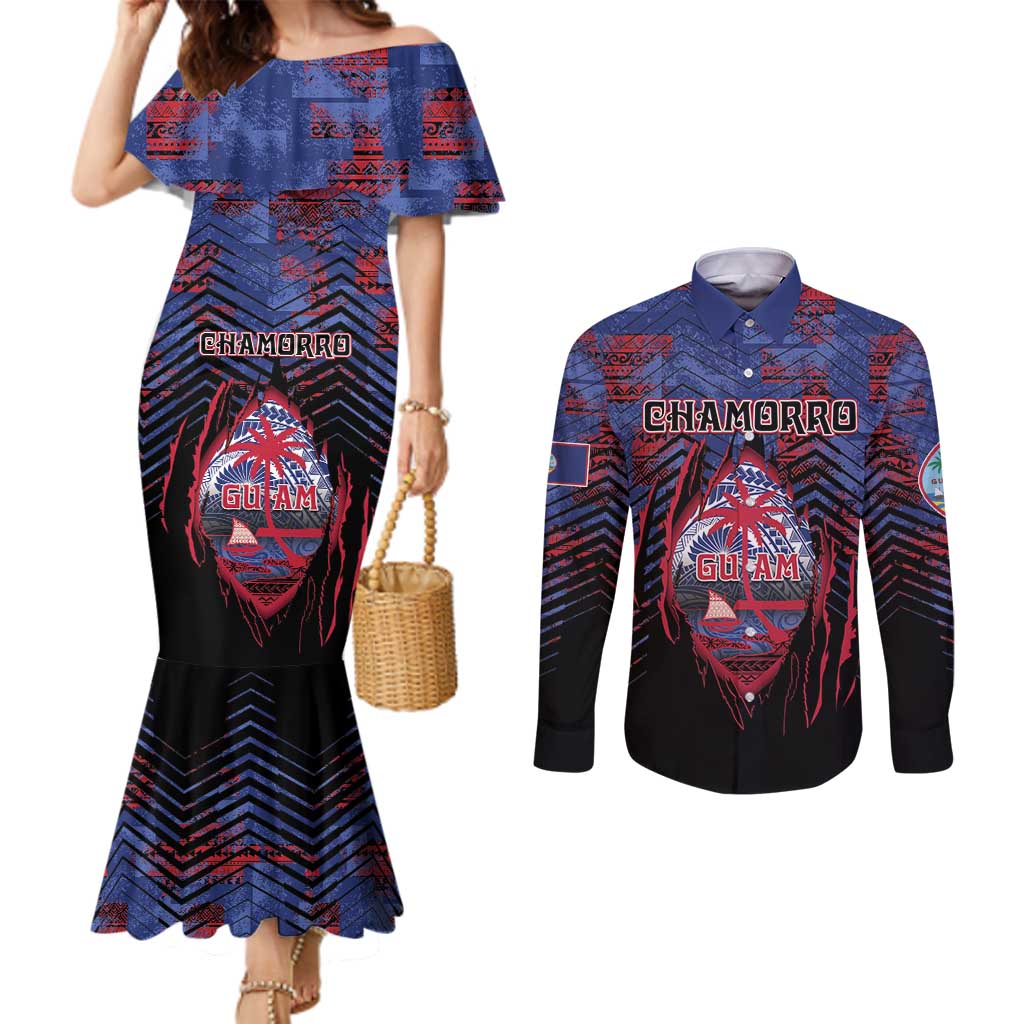 Personalised Guam Couples Matching Mermaid Dress and Long Sleeve Button Shirt Chamorro Seal Tribal Scratch Design - Polynesian Pride