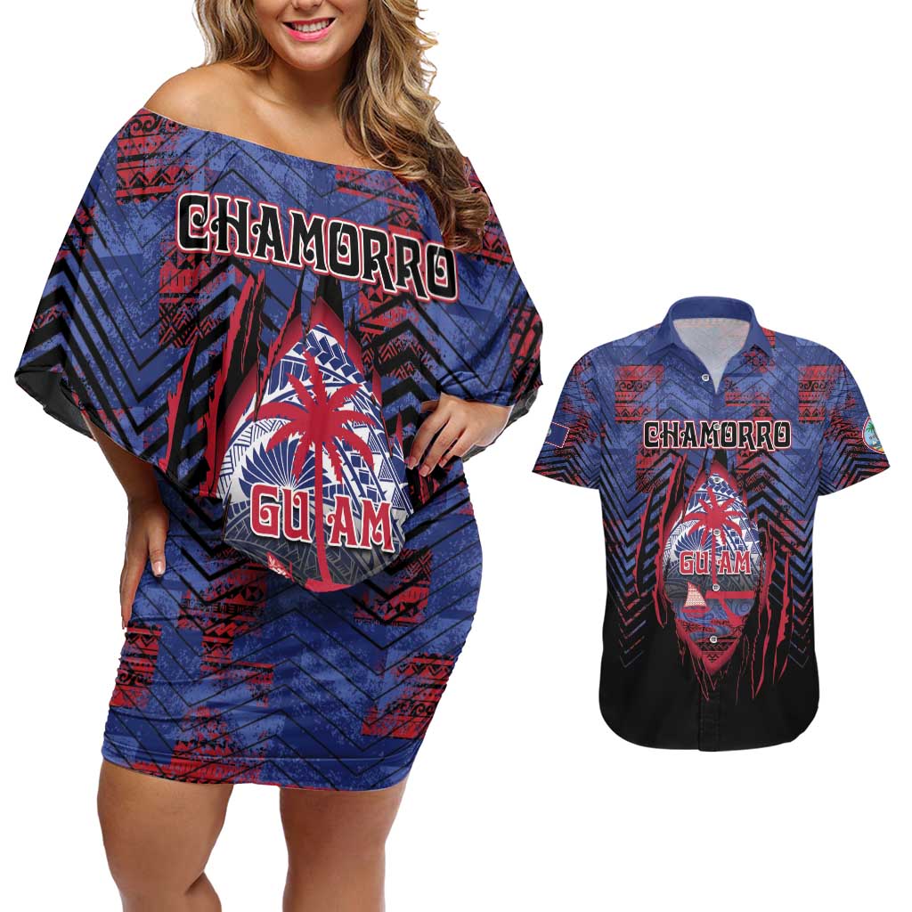 Personalised Guam Couples Matching Off Shoulder Short Dress and Hawaiian Shirt Chamorro Seal Tribal Scratch Design - Polynesian Pride
