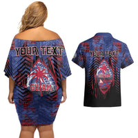 Personalised Guam Couples Matching Off Shoulder Short Dress and Hawaiian Shirt Chamorro Seal Tribal Scratch Design - Polynesian Pride