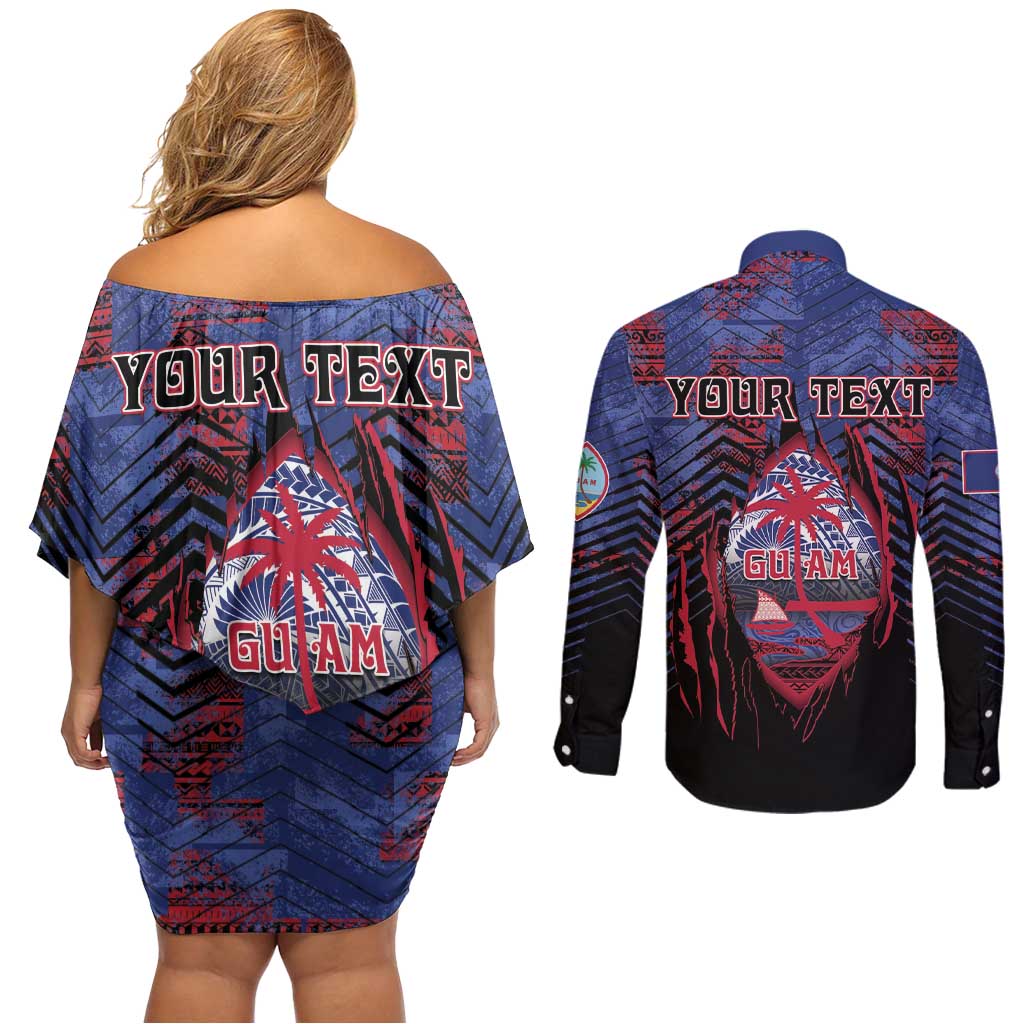 Personalised Guam Couples Matching Off Shoulder Short Dress and Long Sleeve Button Shirt Chamorro Seal Tribal Scratch Design - Polynesian Pride