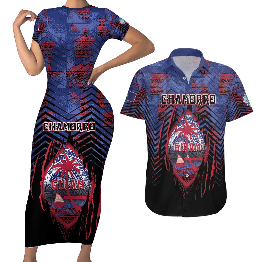 Personalised Guam Couples Matching Short Sleeve Bodycon Dress and Hawaiian Shirt Chamorro Seal Tribal Scratch Design - Polynesian Pride