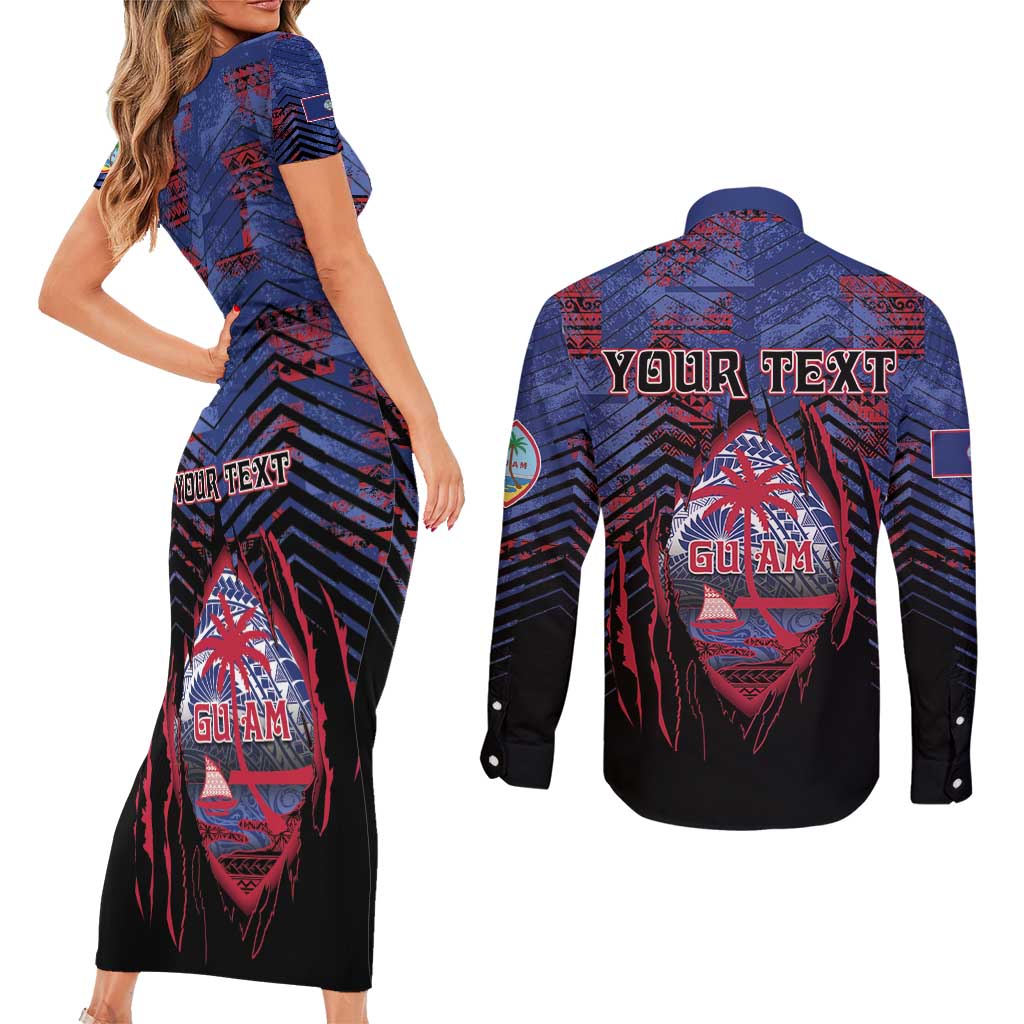 Personalised Guam Couples Matching Short Sleeve Bodycon Dress and Long Sleeve Button Shirt Chamorro Seal Tribal Scratch Design - Polynesian Pride