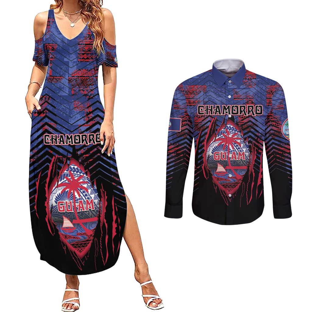 Personalised Guam Couples Matching Summer Maxi Dress and Long Sleeve Button Shirt Chamorro Seal Tribal Scratch Design - Polynesian Pride
