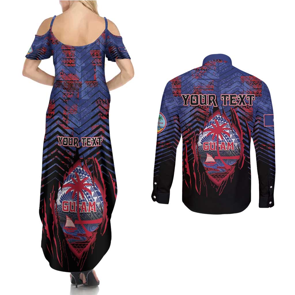 Personalised Guam Couples Matching Summer Maxi Dress and Long Sleeve Button Shirt Chamorro Seal Tribal Scratch Design - Polynesian Pride