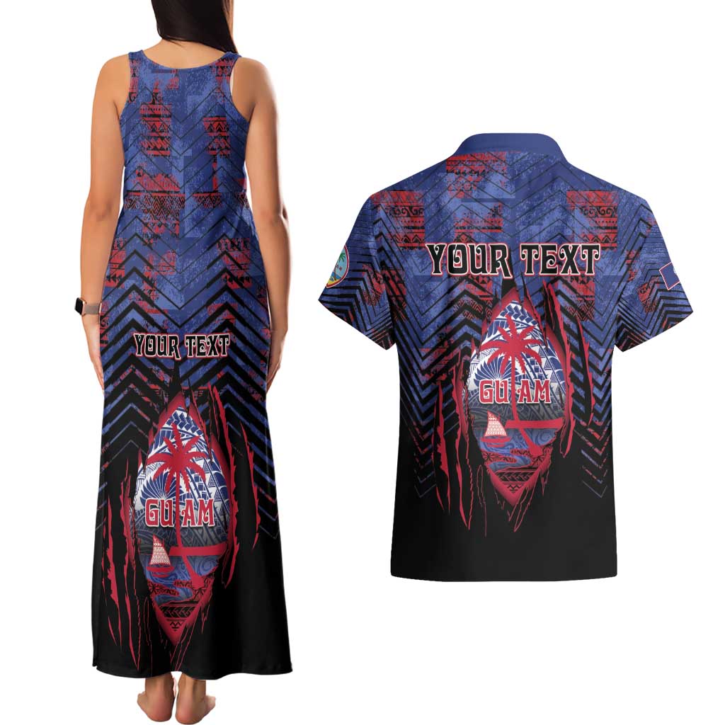 Personalised Guam Couples Matching Tank Maxi Dress and Hawaiian Shirt Chamorro Seal Tribal Scratch Design - Polynesian Pride