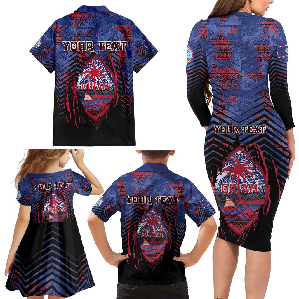Personalised Guam Family Matching Long Sleeve Bodycon Dress and Hawaiian Shirt Chamorro Seal Tribal Scratch Design - Polynesian Pride