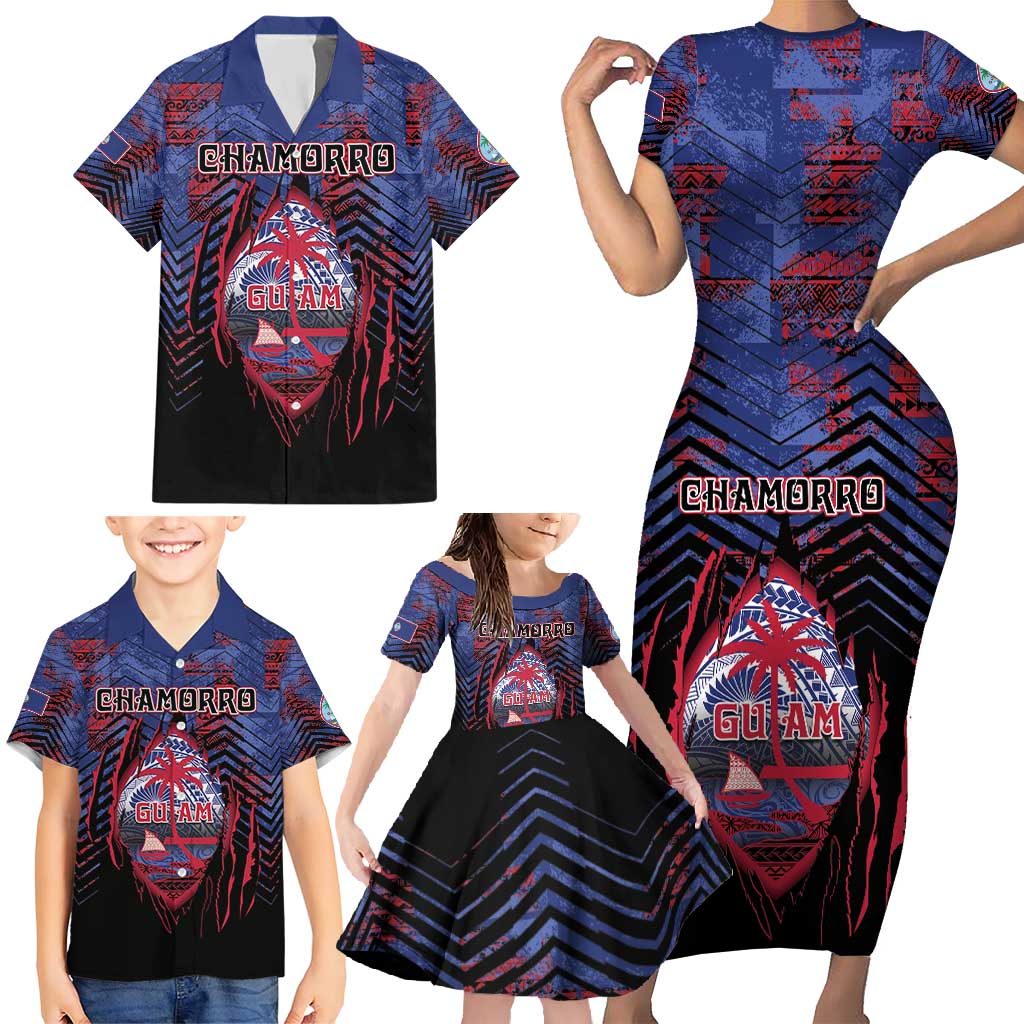 Personalised Guam Family Matching Short Sleeve Bodycon Dress and Hawaiian Shirt Chamorro Seal Tribal Scratch Design - Polynesian Pride