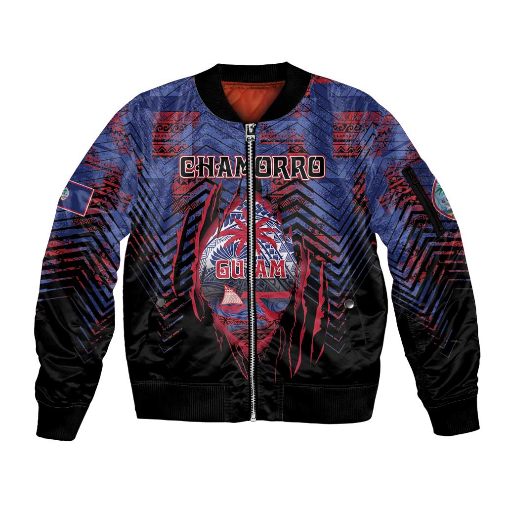Personalised Guam Sleeve Zip Bomber Jacket Chamorro Seal Tribal Scratch Design - Polynesian Pride
