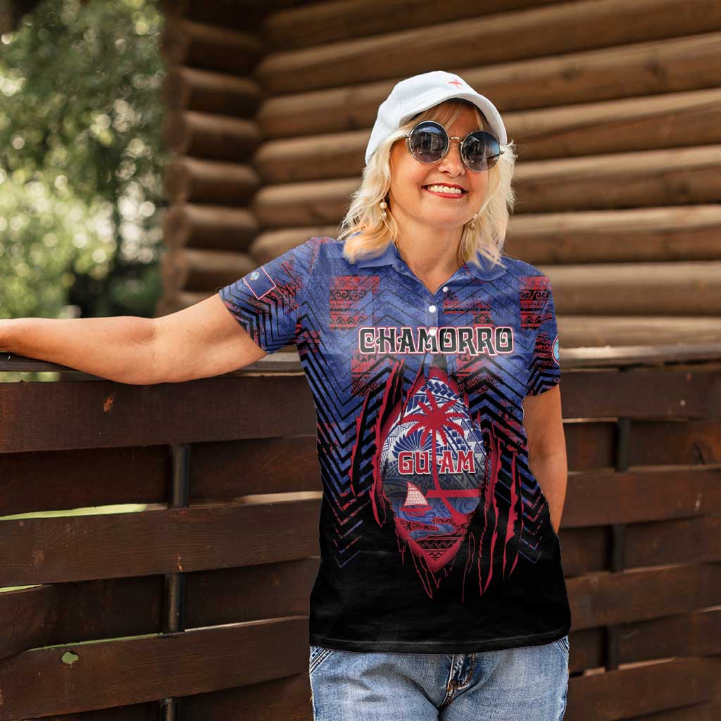 Personalised Guam Women Polo Shirt Chamorro Seal Tribal Scratch Design - Polynesian Pride