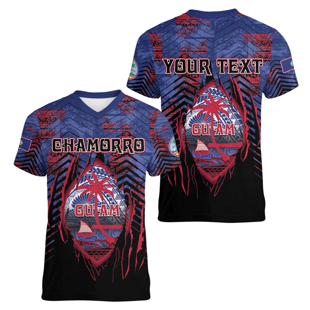 Personalised Guam Women V-Neck T-Shirt Chamorro Seal Tribal Scratch Design - Polynesian Pride