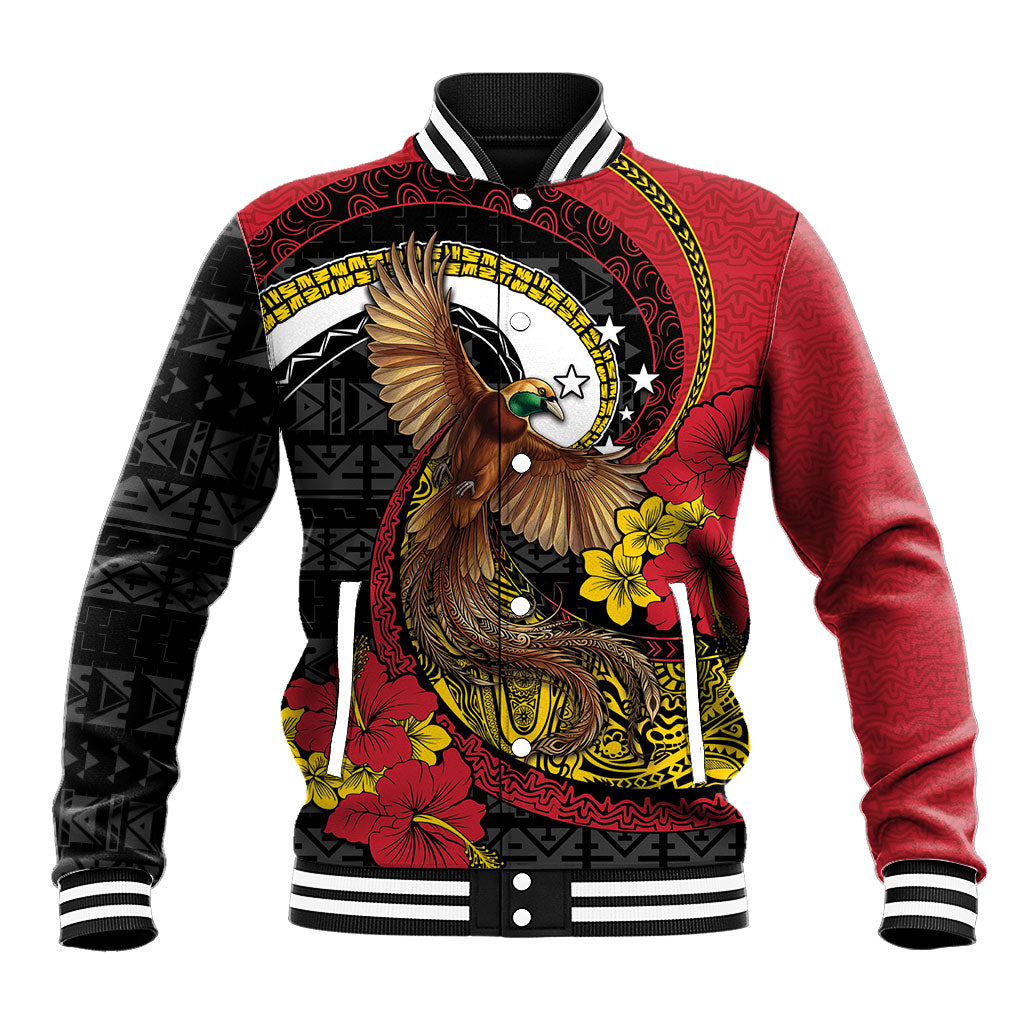 Personalised Papua New Guinea Language Week Baseball Jacket Bird Of Paradise Tribal Floral Pattern DT05 Unisex Black - Polynesian Pride