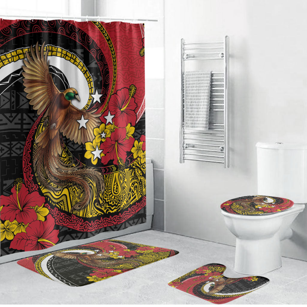 Papua New Guinea Language Week Bathroom Set Bird Of Paradise Tribal Floral Pattern DT05 Bathroom Set (4 pcs) Black - Polynesian Pride