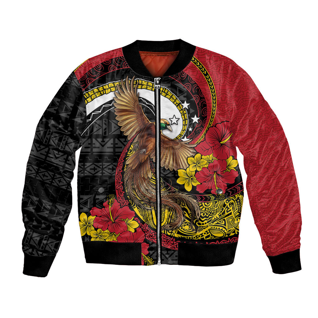 Personalised Papua New Guinea Language Week Bomber Jacket Bird Of Paradise Tribal Floral Pattern DT05 Unisex Black - Polynesian Pride