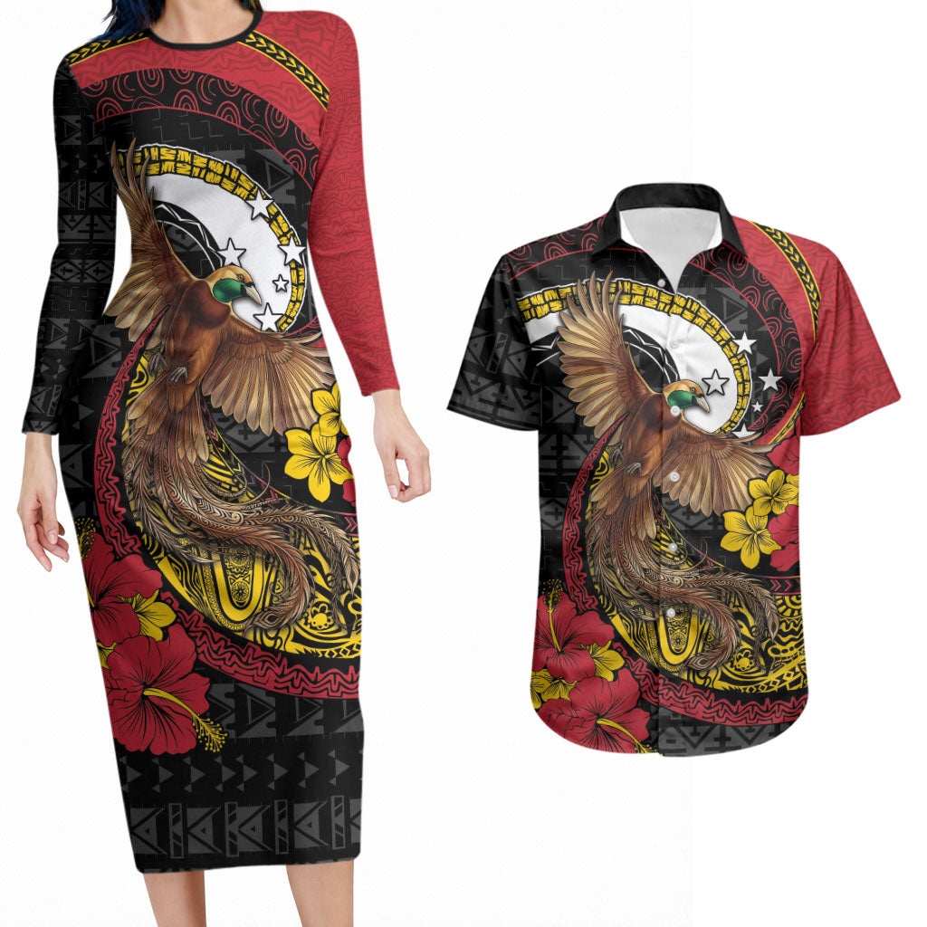 Personalised Papua New Guinea Language Week Couples Matching Long Sleeve Bodycon Dress and Hawaiian Shirt Bird Of Paradise Tribal Floral Pattern DT05 Black - Polynesian Pride