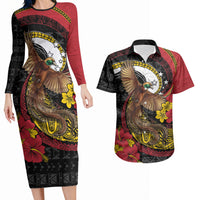 Personalised Papua New Guinea Language Week Couples Matching Long Sleeve Bodycon Dress and Hawaiian Shirt Bird Of Paradise Tribal Floral Pattern DT05 Black - Polynesian Pride
